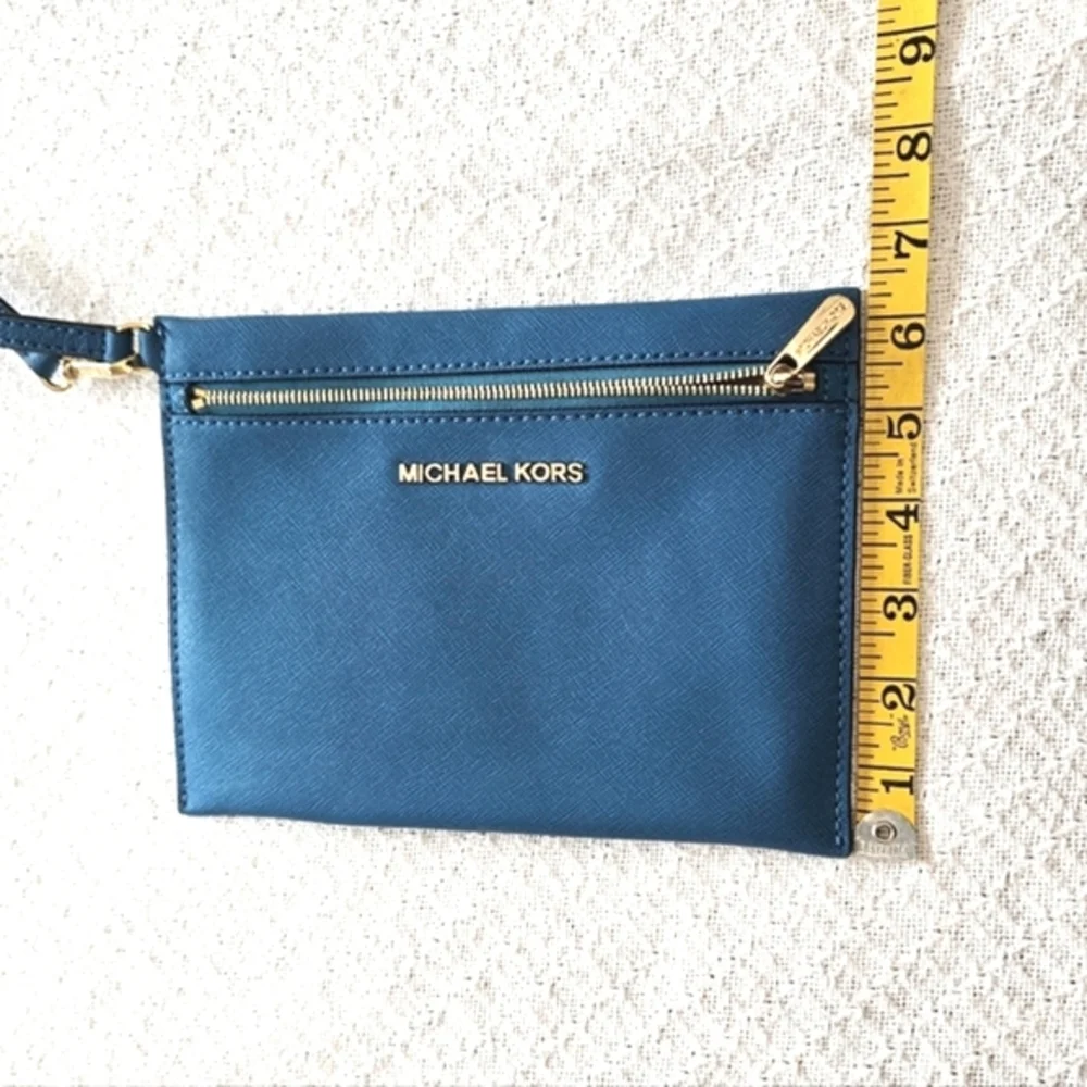 Michael Kors Teal Blue Saffiano Leather Wristlet Pouch Gold Hardware Zipper Bag